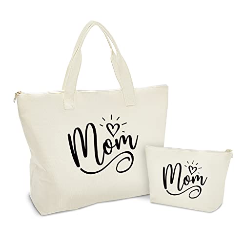 Mothers Day Gifts for Mom-Mom Mommy Canvas Tote Bag with Makeup Bag-Great Gifts for Mom, New Mom,Mom...