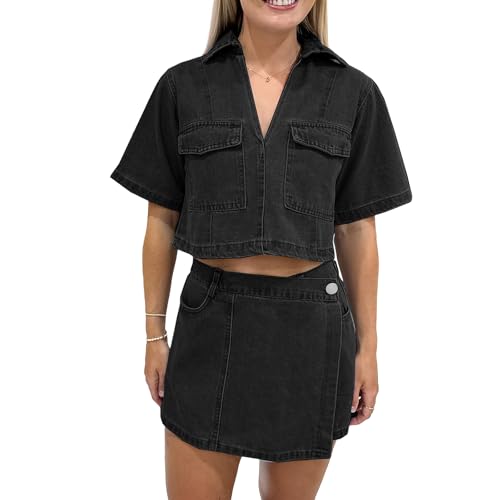 LEIREAOYO Women's Summer 2 Piece Denim Outfits Casual Short Sleeve