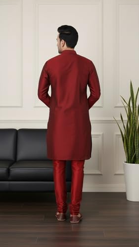 Image of Sadree Men's Silk Blend Mandrin Collor Full Sleeve Knee Length Indian Kurta Chudidar Pyjama Set