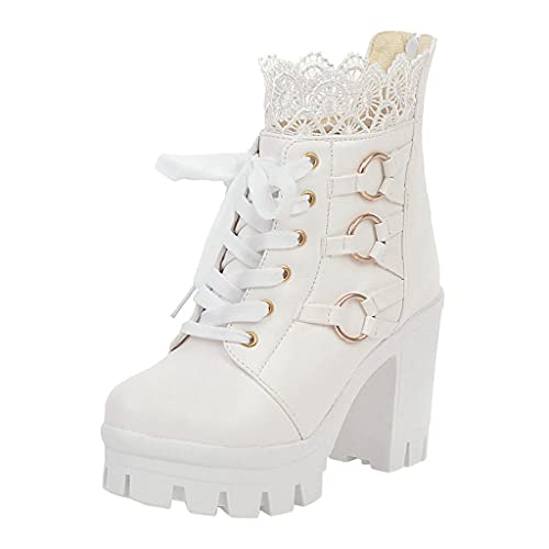 NOLDARES Platform Boots for Women Lace Pure Color Round Toe Block High-Heeled Ankle Wrapped Booties Retro Sexy Short Party Boot, Z7 White, 6.5-7