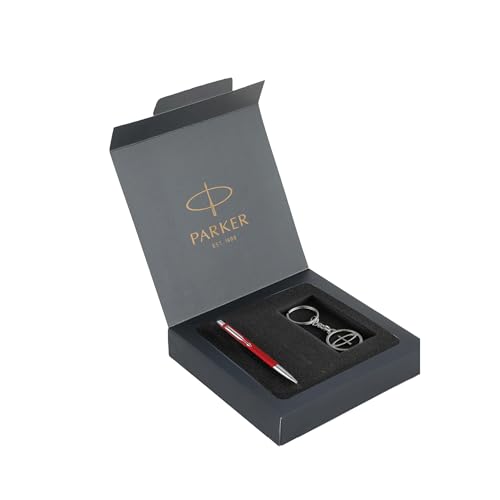 Image of Parker Vector Standard Chrome Trim Ball Pen and Silver Key Chain, Red Body, Blue Ink, Fine Point - Gift Set for Professionals, Executives, and Students