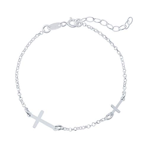 WANDA PLATA Bracelet 2 Croix Horizontale pour Femme, Jeune Fille en Massif Argent 925, Bracelet Chaîne Réglable 16-19 cm, Bijoux Religieux (Argent) Cover