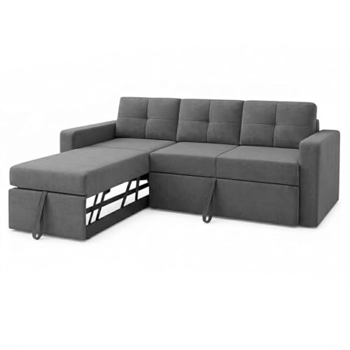 Image of FURNY Tira 4 Seater LHS Lounger Sofa Cum Bed (Dark Gray) with Pull-Out Function | Luxury Velvet Suede Finish | Durable Comfort | Ideal for Living Room