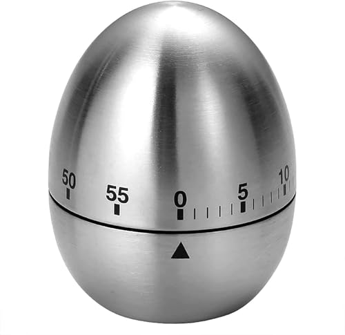 Image of Mechanical Egg-Shaped Kitchen Timer 60-Minute Countdown - Stainless Steel Cooking Alarm, Manual Wind-Up, Loud Ring Reminder for Baking & Cooking
