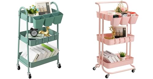 danpinera 3-Tier Metal Cart with 3-Tier Rolling Utility Cart with Lockable Wheels & Hanging Cups & Hooks Storage Organization Shelves for Kitchen, Bathroom, Office, Library, Coffee Bar