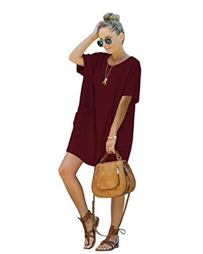 Ladybranch Women's Summer Casual T Shirt Dresses Short Sleeve Swing Dress Pockets(Xx-Large，01Wine) #TOP3