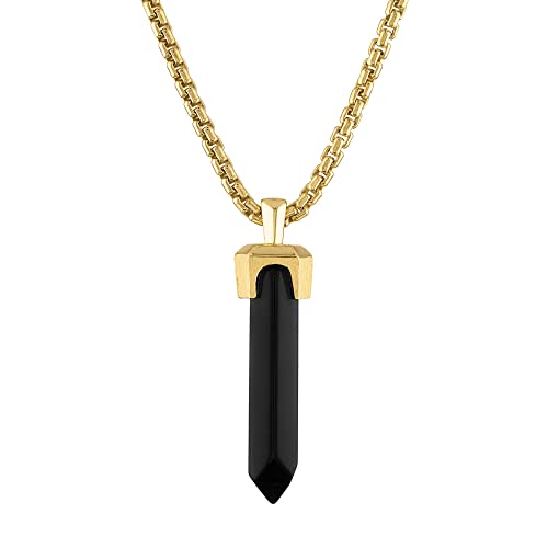Bulova Jewelry Men's Icon Black Onyx Obelisk Shaped Pendant, 14k Yellow Gold Plated Sterling Silver Round Box Link Chain Necklace, Length 24