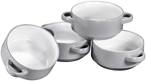 Bruntmor 19 Oz Ceramic Soup Bowl With Handles Set of 4, 19 Ounces Large Ceramic Grey French Onion Soup Crocks For Kitchen, Side Dish, Cereal Bowl Set Or Christmas Table Decoration