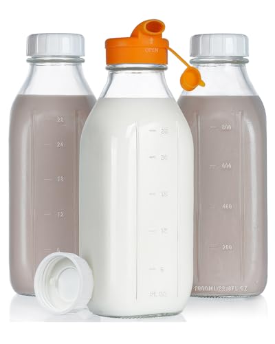 Image of Dwbligt 32 oz Empty Glass Milk Bottles with Silicone Dispenser Cap, Clear Water Bottles with Leak Proof Lid and Scale Mark, Reusable Glass Jars for Juice, Milk, Iced Tea, Set of 3