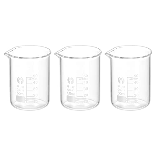 PATIKIL 3uds 50ml Bajo Forma Vidrio Precipitados Vaso, 3.3 Borosilicato Vidrio Graduado Impreso Escala Medición Vasos con Caño para Cocina Laboratorio Líquidos