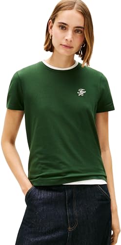 Tommy Hilfiger Damen T-Shirt Kurzarm Script Regular Fit, Grün (National Forest), S – Ansicht 1