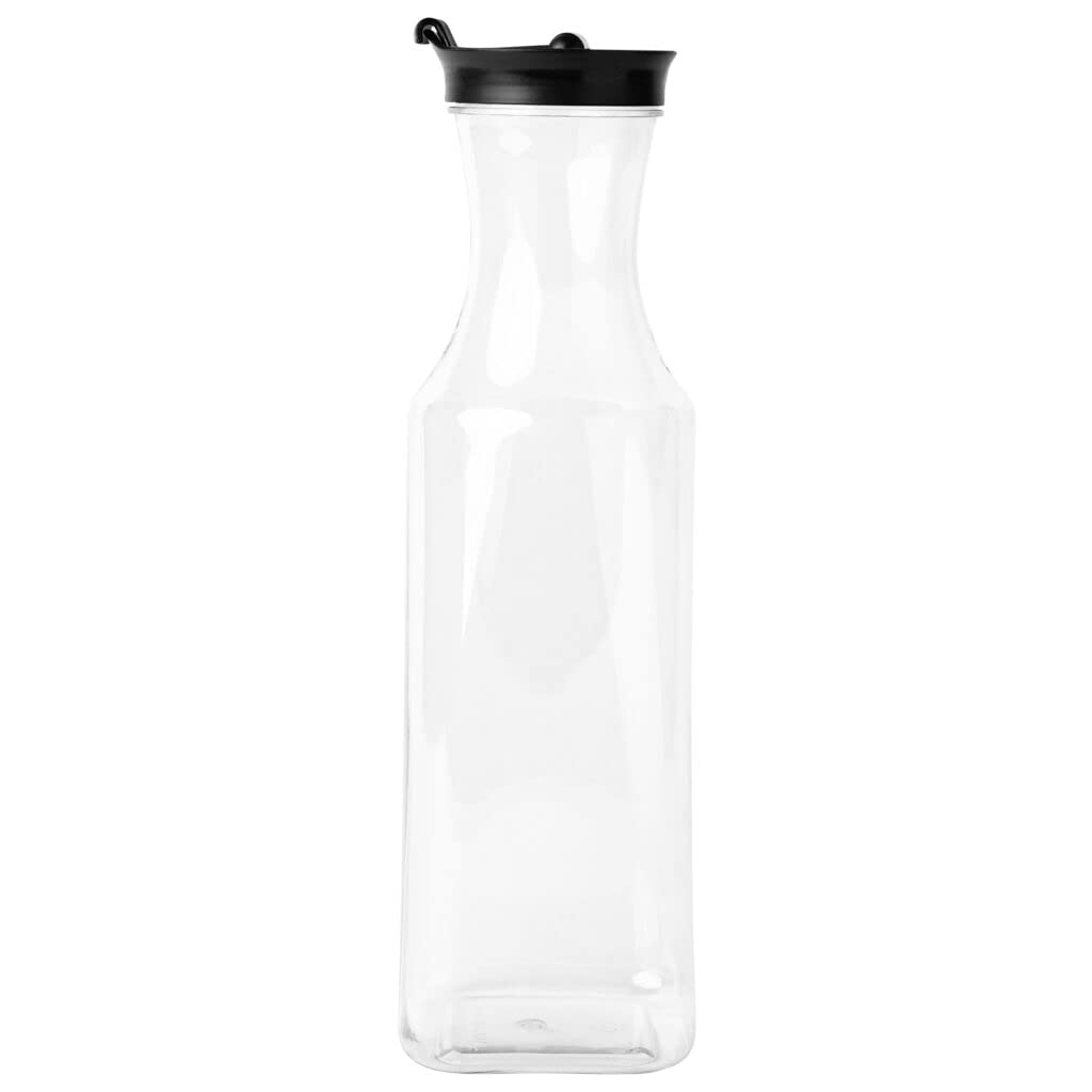EcoQuality 34oz Clear Plastic Water Carafe Pitchers with Black Flip Top Lid - Square Base Juice Beverage Container Bottle with Spout For Mimosa Bar, Lemonade, Smoothies, Cold Brew, Milk, Iced Tea (2)