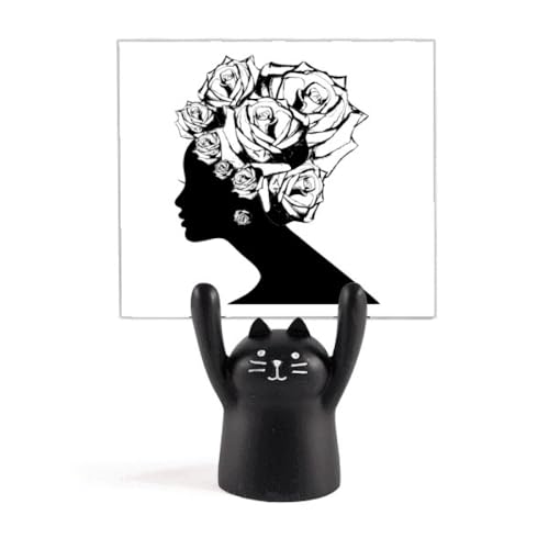 Porte-mémo chat noir fleur rose blanc - Idée cadeau décoration de bureau style dessin animé
