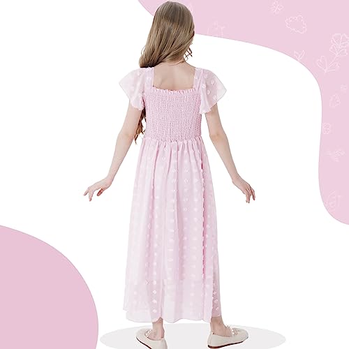 Girls Dresses Swiss Dot Square Neck Short Flutter Sleeve A-Line Maxi Casual Dress For Kids Pink 8-9 Years #TOP4