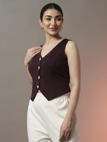 Image of Trend Arrest.ed Women's V-Neck Waistcoat | Button-Down Sleeveless Top | Premium Stretchable Lycra Formal & Casual Layer