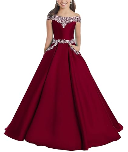 Flower Girls Beaded Luxury Pageant Dresses Off The Shoulder with Pockets Sequin Princess Prom Gowns