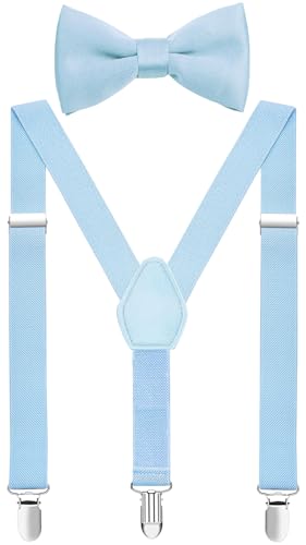 EOAYONY Mens Suspenders and Bow Tie Set Adjustable Elastic for Wedding Party Light Blue 47 IN