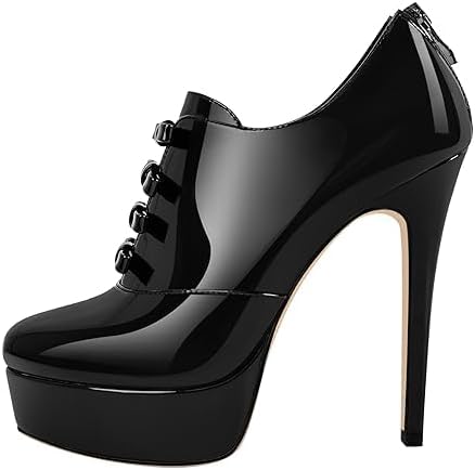 Women's Patent Leather Ankle Boots Platform Chunky Stiletto Booties Lace up Low Top Comfortable Fashion Dressy 6.1 Inch Boot