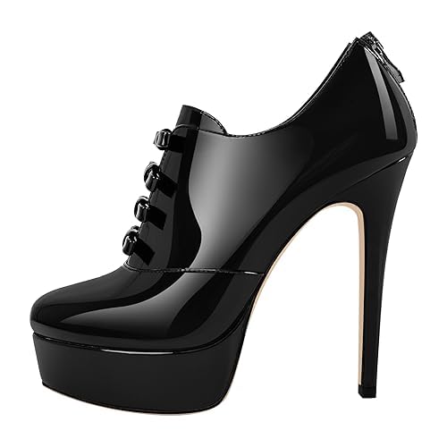 Womens Patent Leather Ankle Boots Platform Chunky Stiletto Booties Lace up Low Top Comfortable Fashion Dressy 6 1