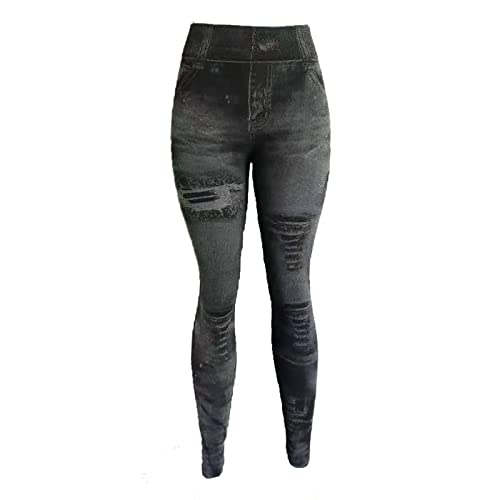 Image of TURWXGSO Women's High Waist Leggings Ripped Distressed Denim Jeggings High Waist Printing Trouser Pants Stretch Slim Fit Ladies Trousers Full Length Leggings with Pockets
