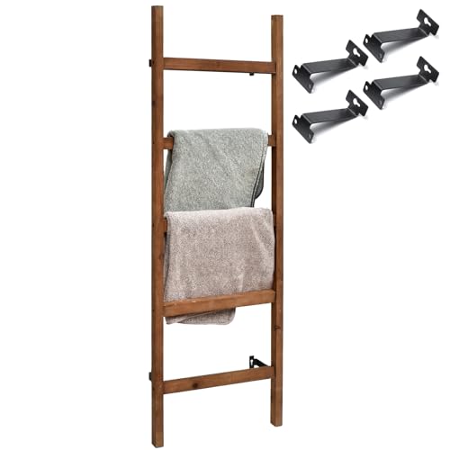 FUIN Wall Mounted 57in Wooden Blanket Ladder Living Room Decorative Farmhouse Quilt Display Holder Rustic Wood Towel Rack for Bathroom Brown