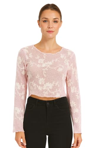 Image of ICW Women Long-Sleeves Boat Neck Transparent Mesh Sheer Floral Embroidery Crop Top T-Shirt DN648