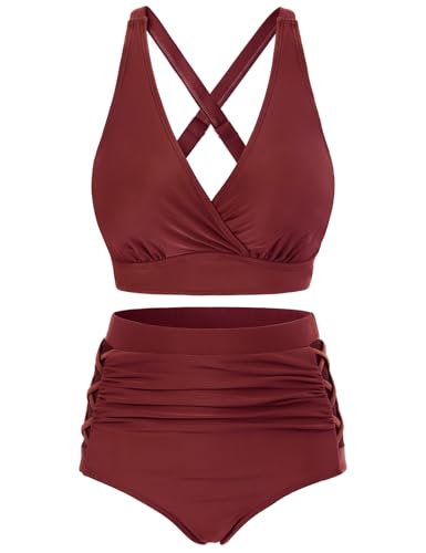 CMTOP Bikini Sets for Women UK Tummy Control High Waisted Bikini Set Padded Push Up Swimming Costume V Neck Swimwear Two Piece Ruched Swimsuits Crossback Bathing Suits Beachwear(Burgundy,XL)
