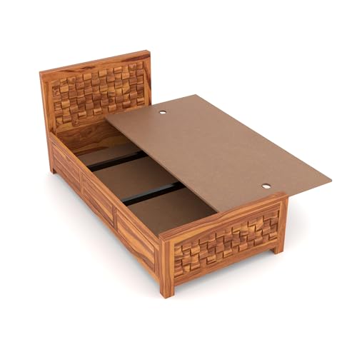 Image of Sheesham Wood Single Size Bed with Storage Box | Wooden Cot for Bedroom | Premium Niwar Design Headboard Bed for Living Room | Honey Finish