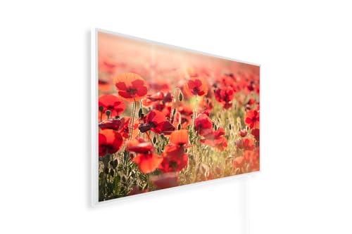 Könighaus Infrarotheizung – 4 Jahreszeiten – TÜV SÜD - 1200 Watt + Könighaus Thermostat - Weißer Rahmen (Frühling Motiv: 05. Mohn)