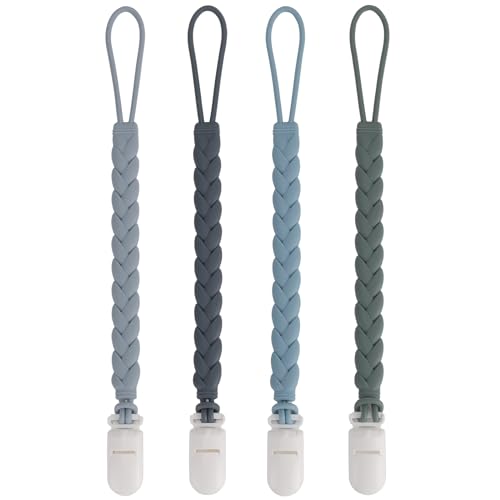 Image of Stylish Silicone Pacifier Clips 4-Pack for Baby Boys and Girls, Woven Rope Flexible Design, Rust-Free Holders for Teething Relief and Baby Essentials, Safe for Newborns (Grey)