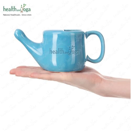 Image of HEALTHANDYOGA FloJar Ceramic Jal Neti Pot (250 ml, Blue)- Saline Nasal Wash Yoga Detox - Clears blocked nose & sinuses- For Common Cold, Headaches, Dust & Pollution- Lead-free, Spill-Proof Design