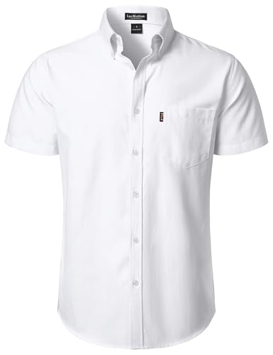 LucMatton Men's Oxford Short-Sleeve Button-Down Shirt Summer Casual Regular-fit Dress Shirts with Pocket White Large