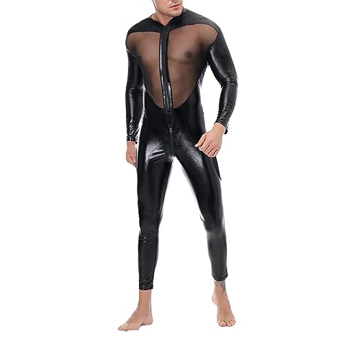 YOSUWOAI Latex ähnliches Herren Catsuit Wetlook Lack Leder Overall Männer Mesh Komplett Anzug Langarm Shirts und Lange Hose Einteiler Wetlook Bodysuit Dessous Bodysuit Slim Fit Sext Muskel Jumpsuit