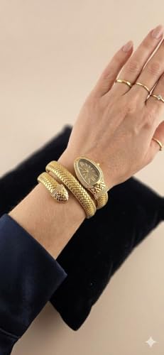 Image of Snake Wrap Watch for Women | Gold Plated Stainless Steel Bracelet Watch | Brown Leather Strap | Quartz Analog | Crystal Accent Dial