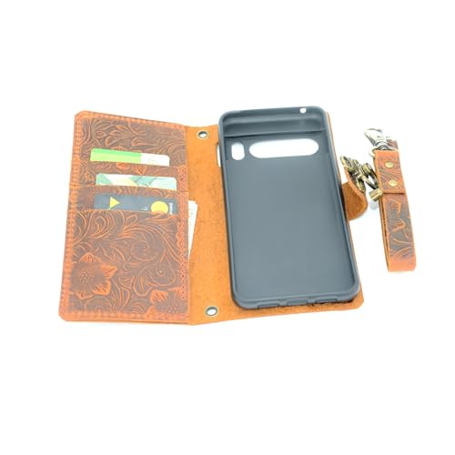 JJNUSA Compatible with Google Pixel 8 pro Handmade Genuine Distressed Leather Wallet Case Flip Cover with Wristlet Brown