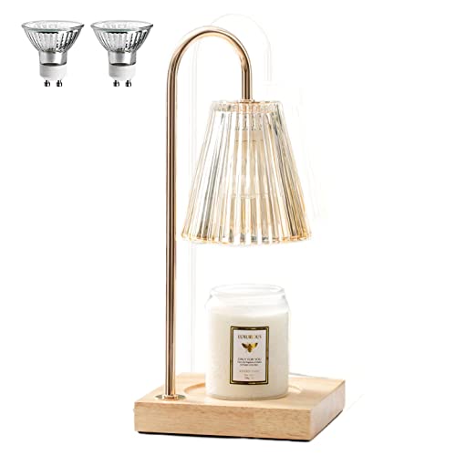 Candle Warmer Lamps, Dimmable Candle Lamp with Wood Base, Top Down Candle Warmer on Table, Electronic Candle Melting Lamps for Scented Jar Candle with 2 Bulbs (Golden Glass Shade)
