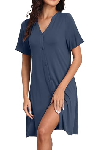 QIXING Nachthemden für Damen Kurzarm Nachthemd mit Knopfleiste Sommer Schlafkleid Damen mit V-Ausschnitt Nightdress (Marineblau L)