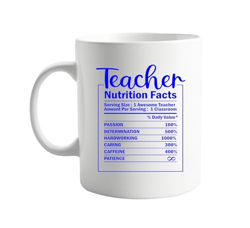 signkitsuk Teacher Nutrition Facts Mug – Funny Teacher Appreciation Gift for End of Term, Thank You, Teaching Assistants & School Staff – 11oz Ceramic Coffee Cup for Work or Home