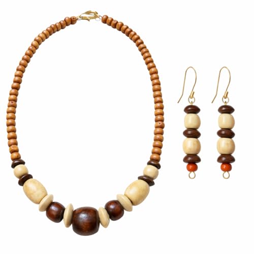 Handmade Wooden Beads Necklace with Matching Earrings | Natural W...