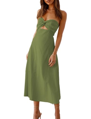 Image of Sexy Twist Front Strapless Sweetheart Neckline Midi Dresses for Women Smocked Cutout Tube Top Linen Dress Wedding Guest Olive