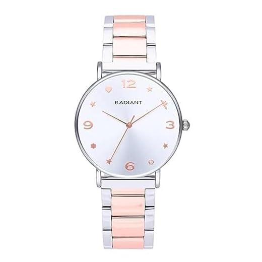 Radiant - Colección Cozy - Reloj analógico de Cuarzo. Reloj de Pulsera para Mujer. Reloj de Brazalete con Esfera Blanca y Correa bitono Plateada y Oro Rosa de tamaño 36mm. 3ATM.
