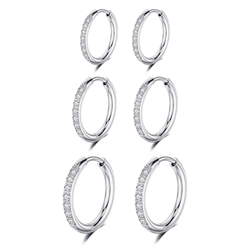 Bo Win 3 Paires Acier Inoxydable Boucles d’oreilles Anneaux Homme Femme Boucles d'oreilles Créole Petite Mini Boucles d'oreilles Diamant Femme Homme...