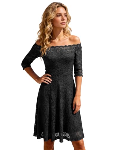 Image of Atnlewhi Womens Vintage Lace Floral Off Shoulder Elegant Swing Dresses A-line Mini Dress for Party Cocktail Wedding