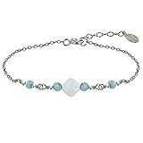 Schmuck Garantiert 1 Jahr (*) Schmuck Les Poulettes - Rhodium Silber Armband Quadratischer Pflasterstein Perlmutt und Vier Larimar Facetten Perlen