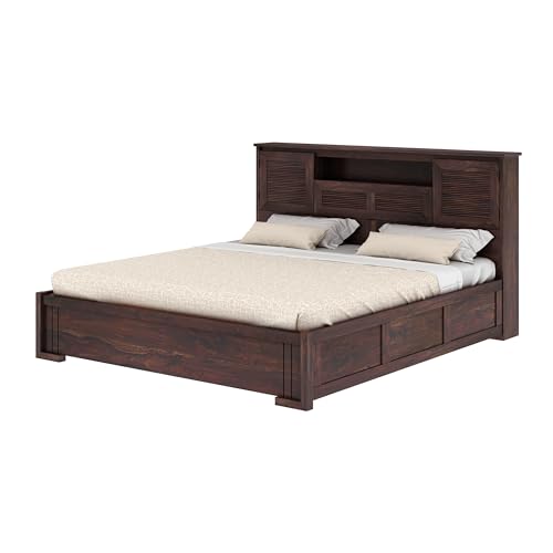 Image of Ganpati Arts Maharaja Groove Solid Sheesham Wood Queen Size Bed with Hydraulic Box and Headboard Storage Wooden Double Bed Cot Palang Furniture for Bedroom Living Room Home (Walnut Finish)