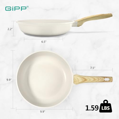 Image of GiPP Nonstick Frying Pan Skillet - 9.5 inch White Granite Non Stick Fry Pans, Omelette Pan Healthy Stone Cookware Compatible with All Stovetops, PFOA Free