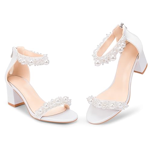 Women's Pearl Decoration Ankle Strap Sandals Chunky Block Heel Wedding Party Shoes4