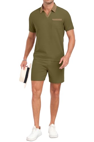 PrinStory Men's Summer Track Suits Waffle Knit Polo Shirt and Shorts Set Casual 2 Pieces Outfits with Pockets Olive Green-M — view 4