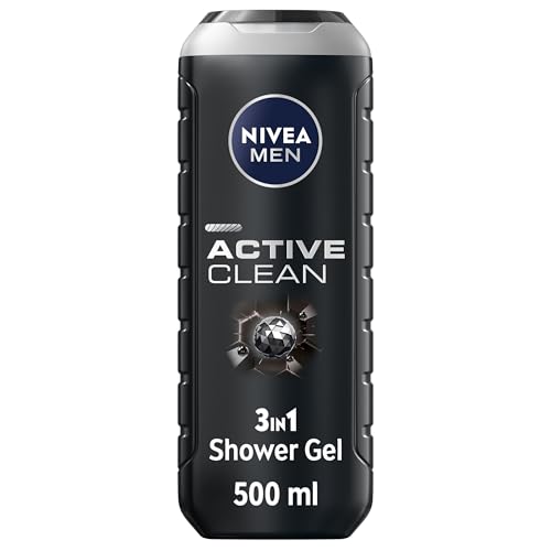 NIVEA MEN Active Clean 3in1 Shower Gel Cleans Body Face and Hair with Active Charcoal for Purified and Stimulating Skin for All Skin Types 500ml
