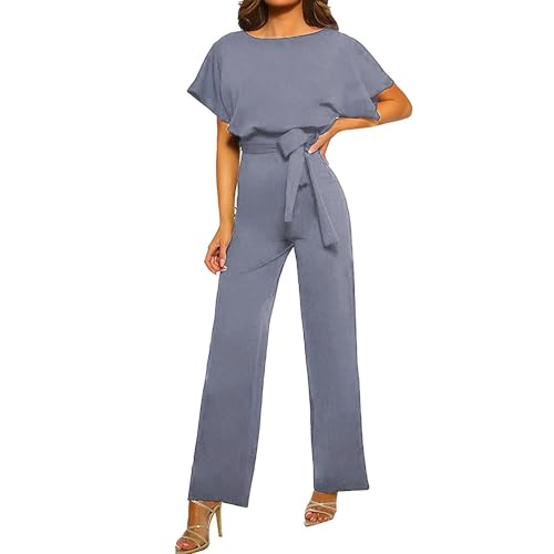 Coloody Damen Lang Jumpsuit Overall Hosenanzug Elegant Romper Kurzarm Rundhals Playsuit mit Gürtel Hosenanzug Breite Weites Bein Overall